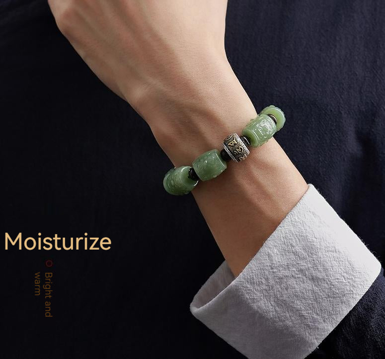 High Standard Authentic Hetian Jade Bracelet For Men with Fine Carvings Perfect Gift for Him a Unique and Personalized Jewelry for Men Symbolic of Buddhism's Six-Character Mantra