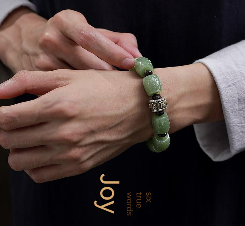 High Standard Authentic Hetian Jade Bracelet For Men with Fine Carvings Perfect Gift for Him a Unique and Personalized Jewelry for Men Symbolic of Buddhism's Six-Character Mantra