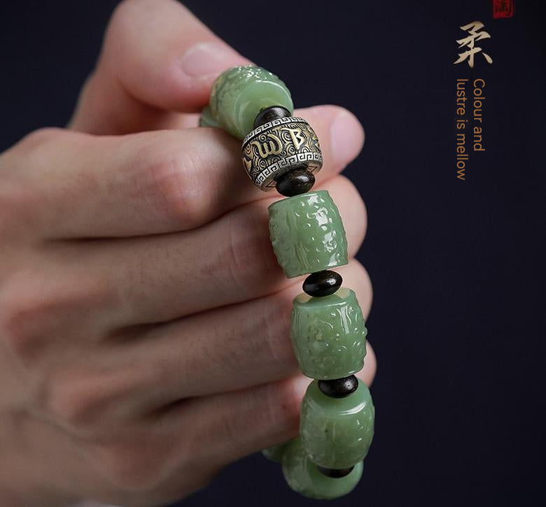 High Standard Authentic Hetian Jade Bracelet For Men with Fine Carvings Perfect Gift for Him a Unique and Personalized Jewelry for Men Symbolic of Buddhism's Six-Character Mantra