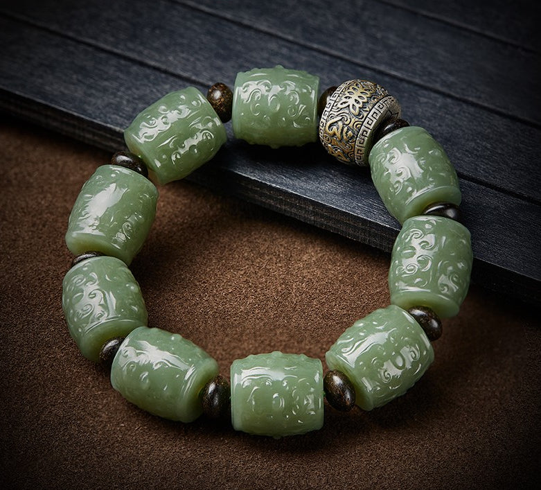 High Standard Authentic Hetian Jade Bracelet For Men with Fine Carvings Perfect Gift for Him a Unique and Personalized Jewelry for Men Symbolic of Buddhism's Six-Character Mantra