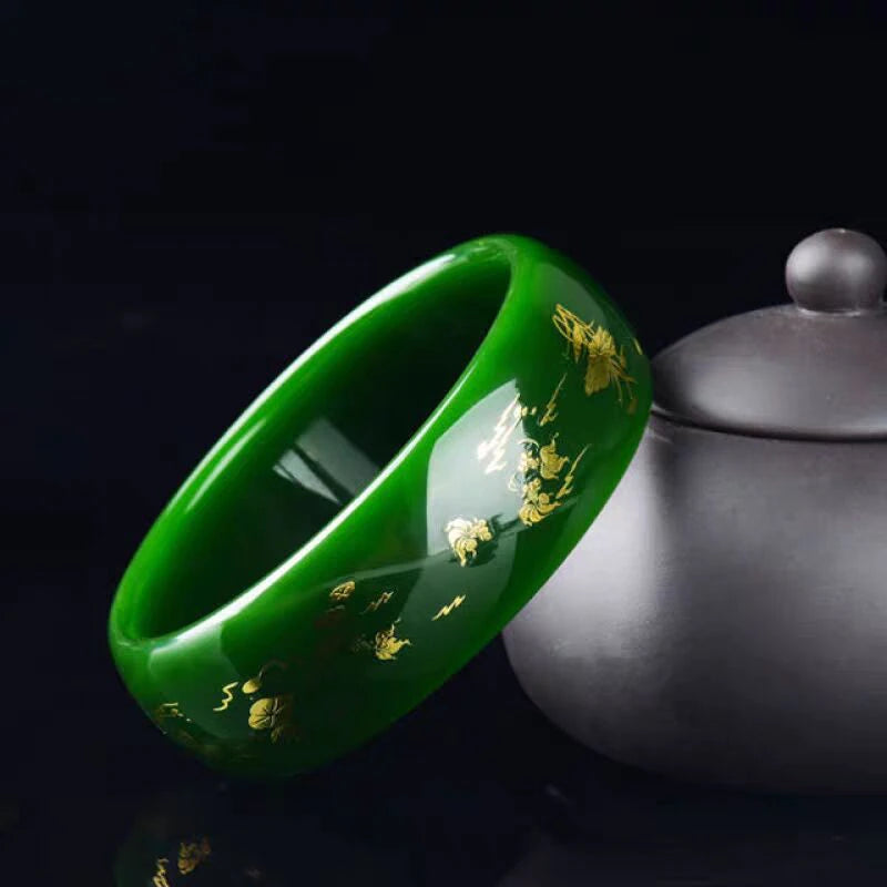 Authentic Xinjiang Hetian Jade Bracelet Bangle for Women with Gold-Outlined Dragon and Phoenix Design and Wide Spinach Green Jade Stone Bangle