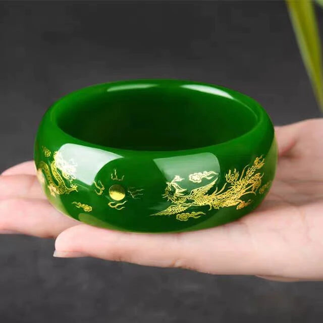 Authentic Xinjiang Hetian Jade Bracelet Bangle for Women with Gold-Outlined Dragon and Phoenix Design and Wide Spinach Green Jade Stone Bangle