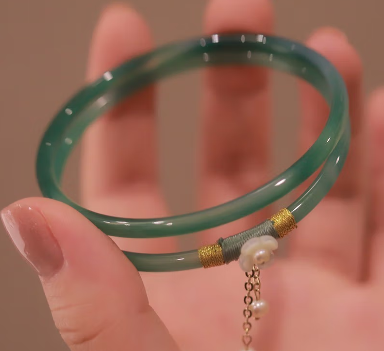 High Standard Hetian Jade Clanging Bracelet Bangle with Fairy Flower Pearl Double Circle Green Jade Bracelet for Women, featuring a niche design with an antique style. Includes two green pairs perfect birthday or Valentine's Day gift for her.