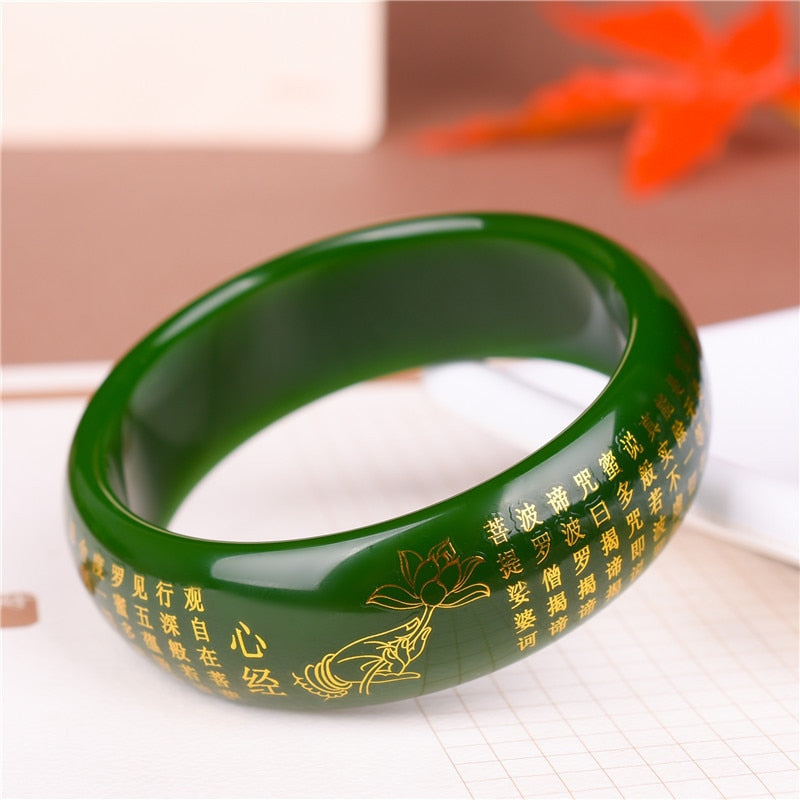 Authentic Xinjiang Hetian Jade Bracelet Bangle for Women with Gold-Outlined Dragon and Phoenix Design and Wide Spinach Green Jade Stone Bangle