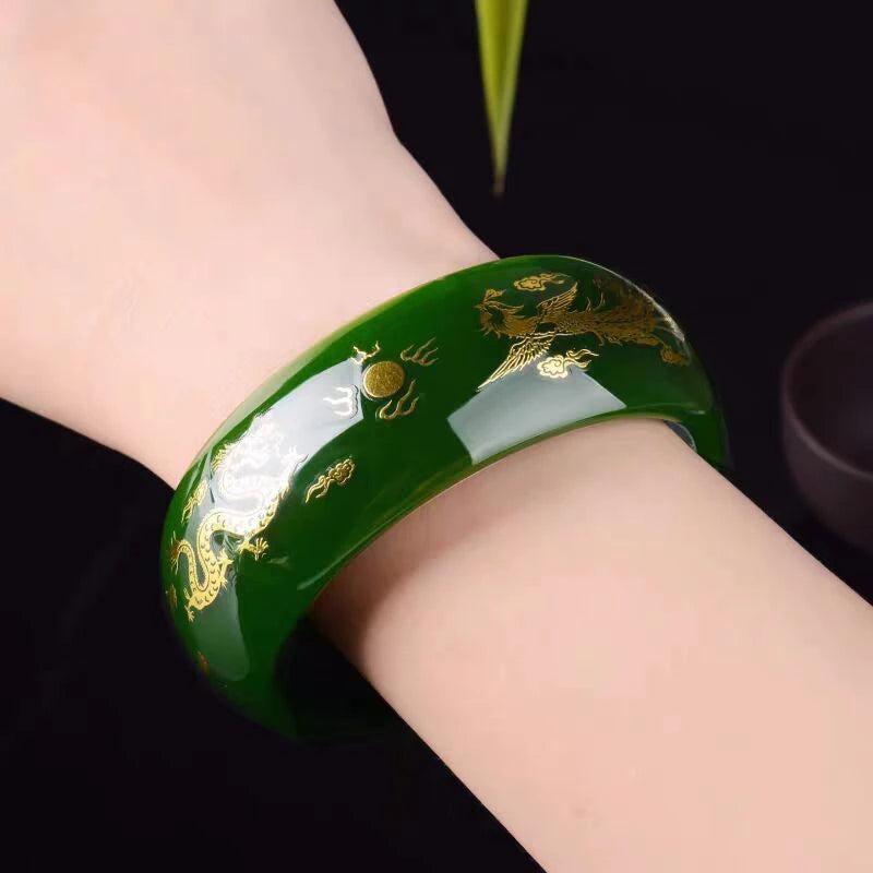 Authentic Xinjiang Hetian Jade Bracelet Bangle for Women with Gold-Outlined Dragon and Phoenix Design and Wide Spinach Green Jade Stone Bangle