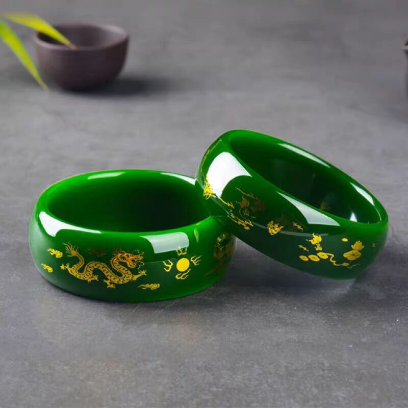 Authentic Xinjiang Hetian Jade Bracelet Bangle for Women with Gold-Outlined Dragon and Phoenix Design and Wide Spinach Green Jade Stone Bangle