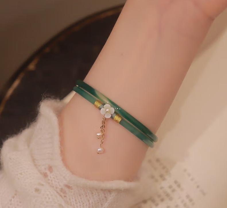 High Standard Hetian Jade Clanging Bracelet Bangle with Fairy Flower Pearl Double Circle Green Jade Bracelet for Women, featuring a niche design with an antique style. Includes two green pairs perfect birthday or Valentine's Day gift for her.