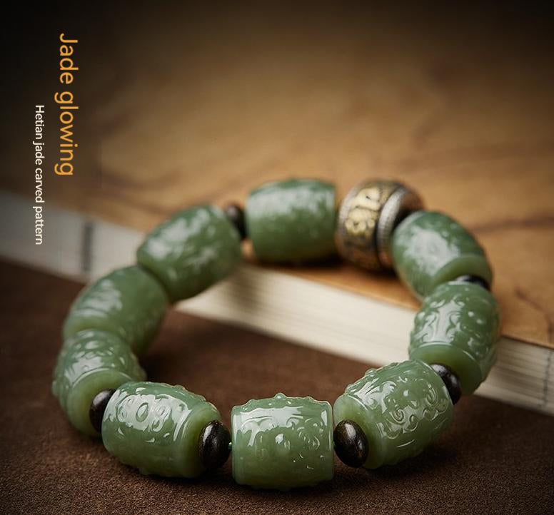 High Standard Authentic Hetian Jade Bracelet For Men with Fine Carvings Perfect Gift for Him a Unique and Personalized Jewelry for Men Symbolic of Buddhism's Six-Character Mantra